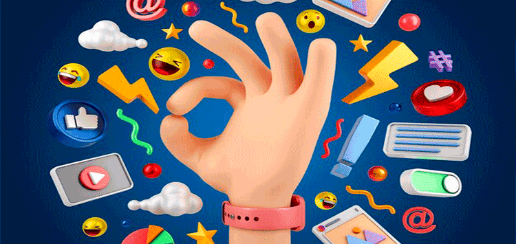 Mão com sinal de ok envolvida por várias logos de redes sociais e emojis