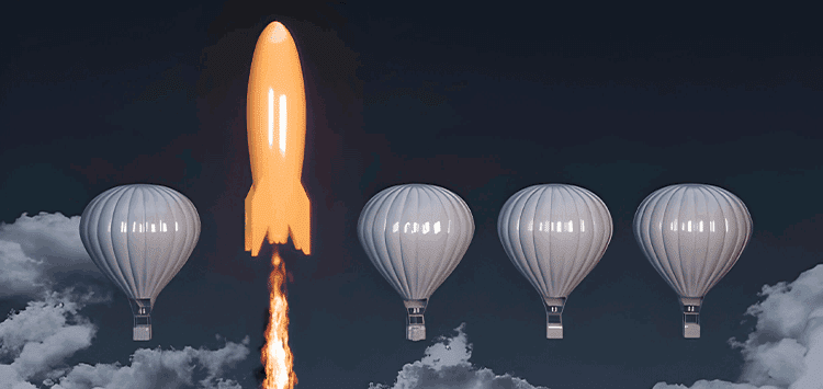 Um foguete sendo lançado ao céu cercado por balões de ar quente