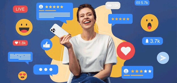 Mulher feliz com vários ícones representando redes sociais