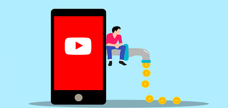 Um homem sentado ao telefone com o símbolo deo youtube na tela e monte de moedas saindo dele