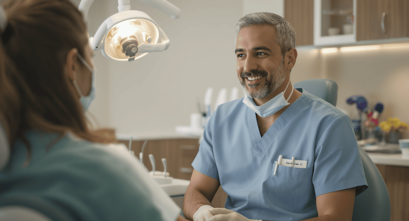 Dentista sorridente atendendo paciente em consultório moderno
