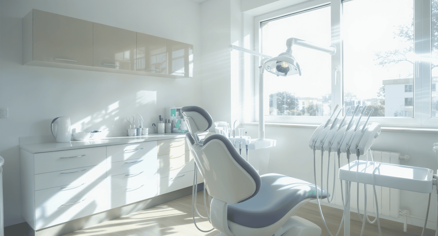 Consultório odontológico iluminado e moderno com cadeira e equipamentos