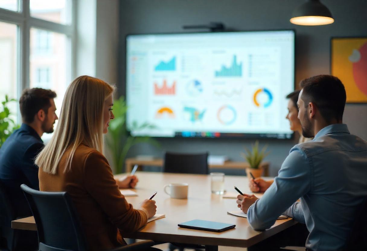 Equipe reunida em sala de reunião observando painel com gráficos e indicadores de desempenho