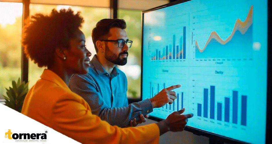Duas pessoas analisando gráficos em uma tela grande durante reunião de marketing