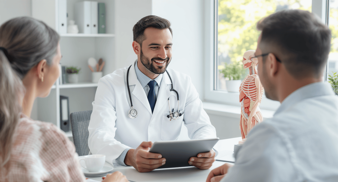Médico sorridente conversando com casal em consultório, segurando um tablet para explicações