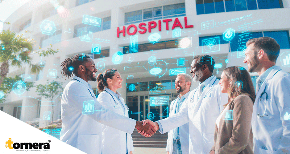 Equipe médica diversificada apertando as mãos em frente a hospital com ícones digitais flutuando