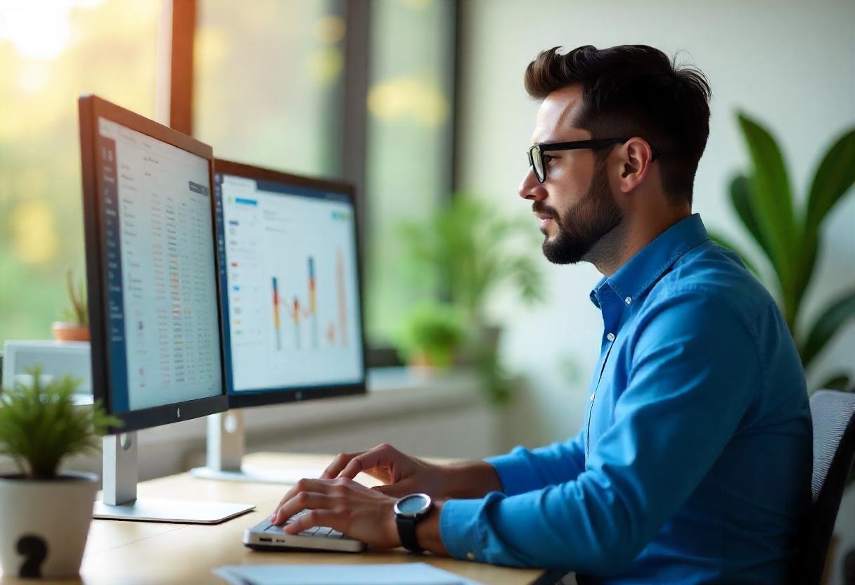 Especialista em tráfego pago avaliando dados em dois monitores com dashboards analíticos