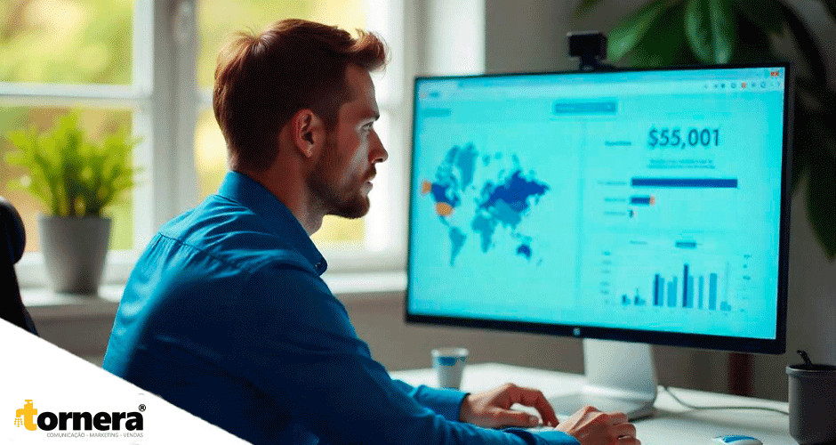 Homem observando mapa de calor e dados financeiros em dashboard de marketing digital