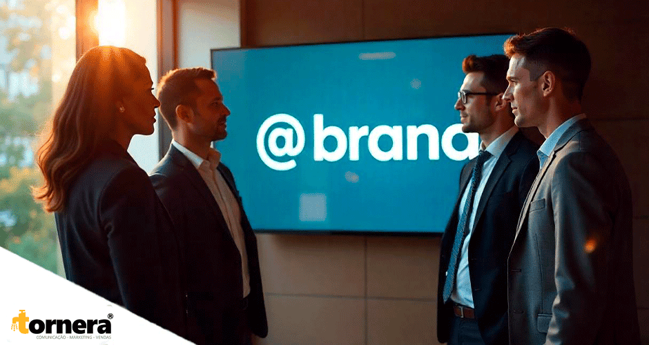 Grupo de executivos conversando em frente a tela com logotipo de marca digital