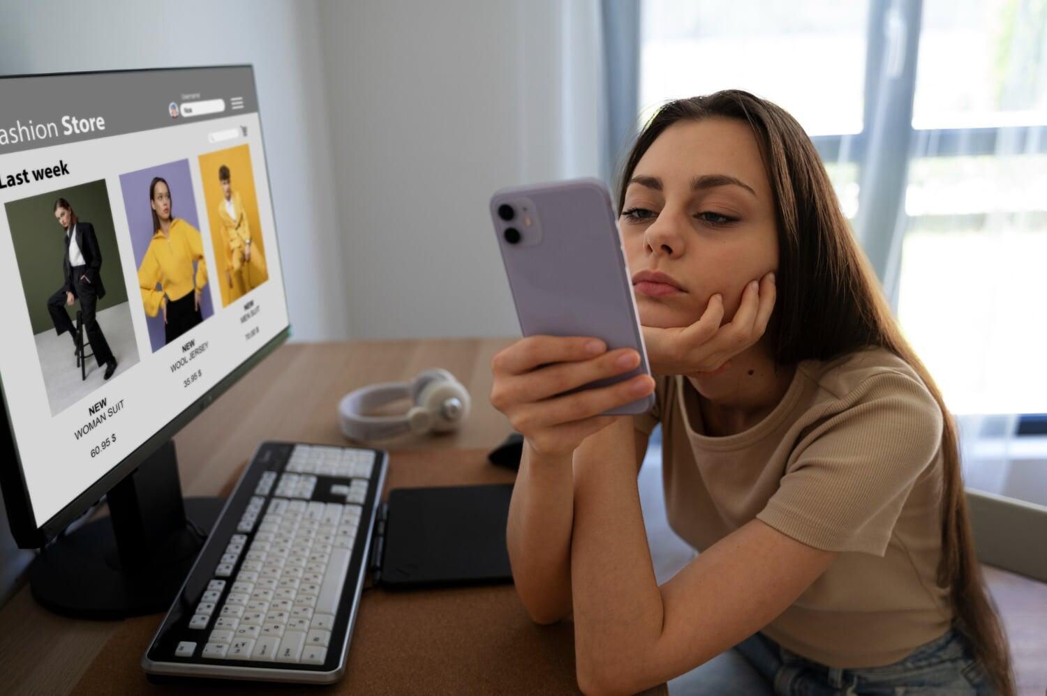 Jovem olhando para o celular entediada em frente a um computador com site de moda