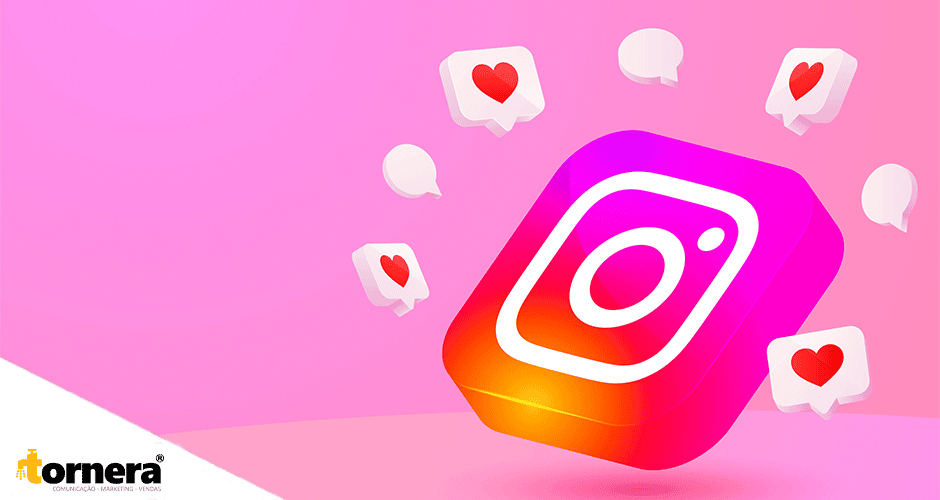 Ícone 3D do Instagram com balões de curtidas e comentários flutuando ao redor em fundo rosa