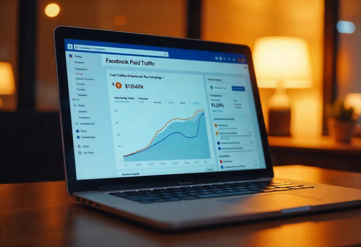 Notebook exibindo painel de métricas de tráfego pago do Facebook com curva de crescimento