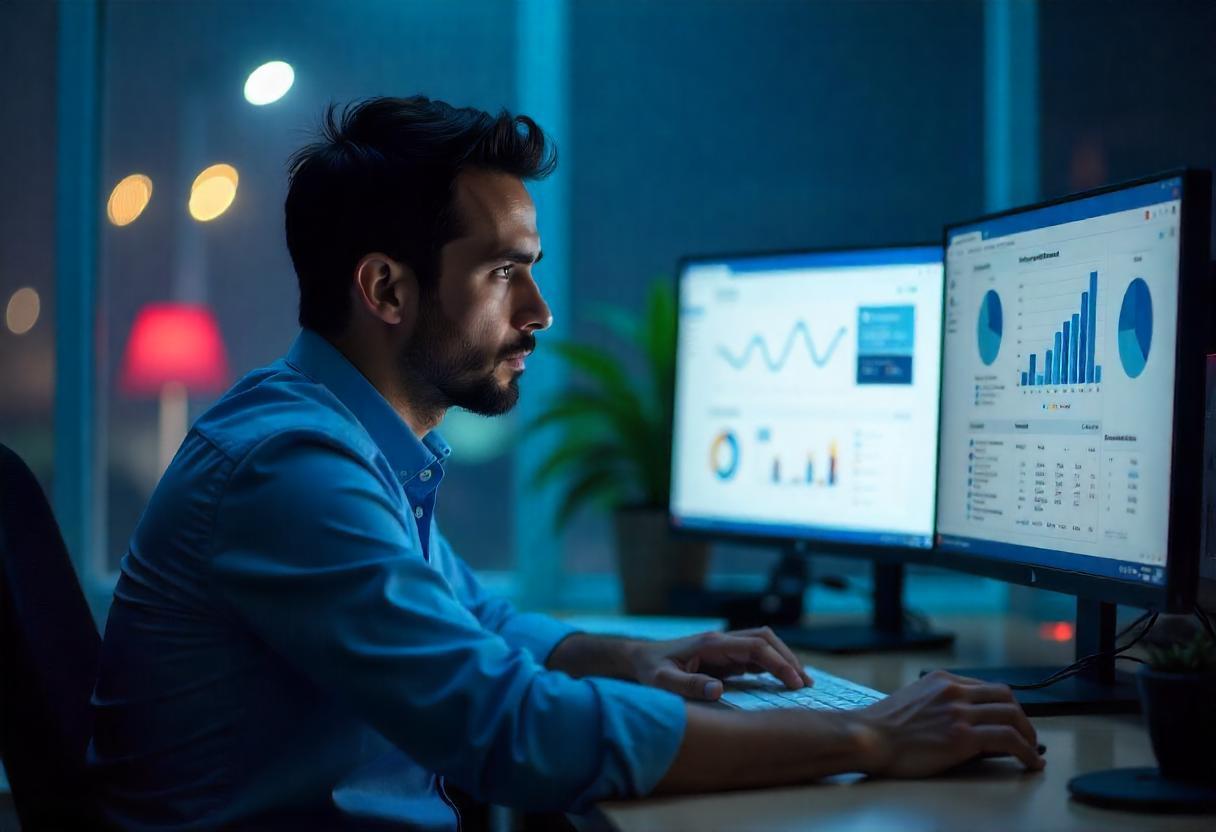 Analista observando gráficos de desempenho digital em dois monitores durante a noite