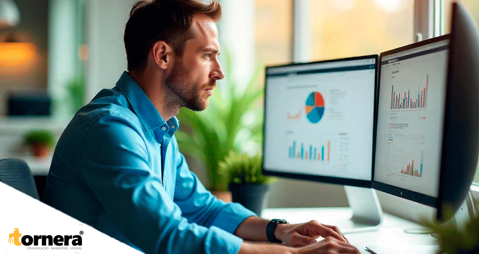Profissional focado em métricas de campanhas em dois monitores com dashboards e gráficos.