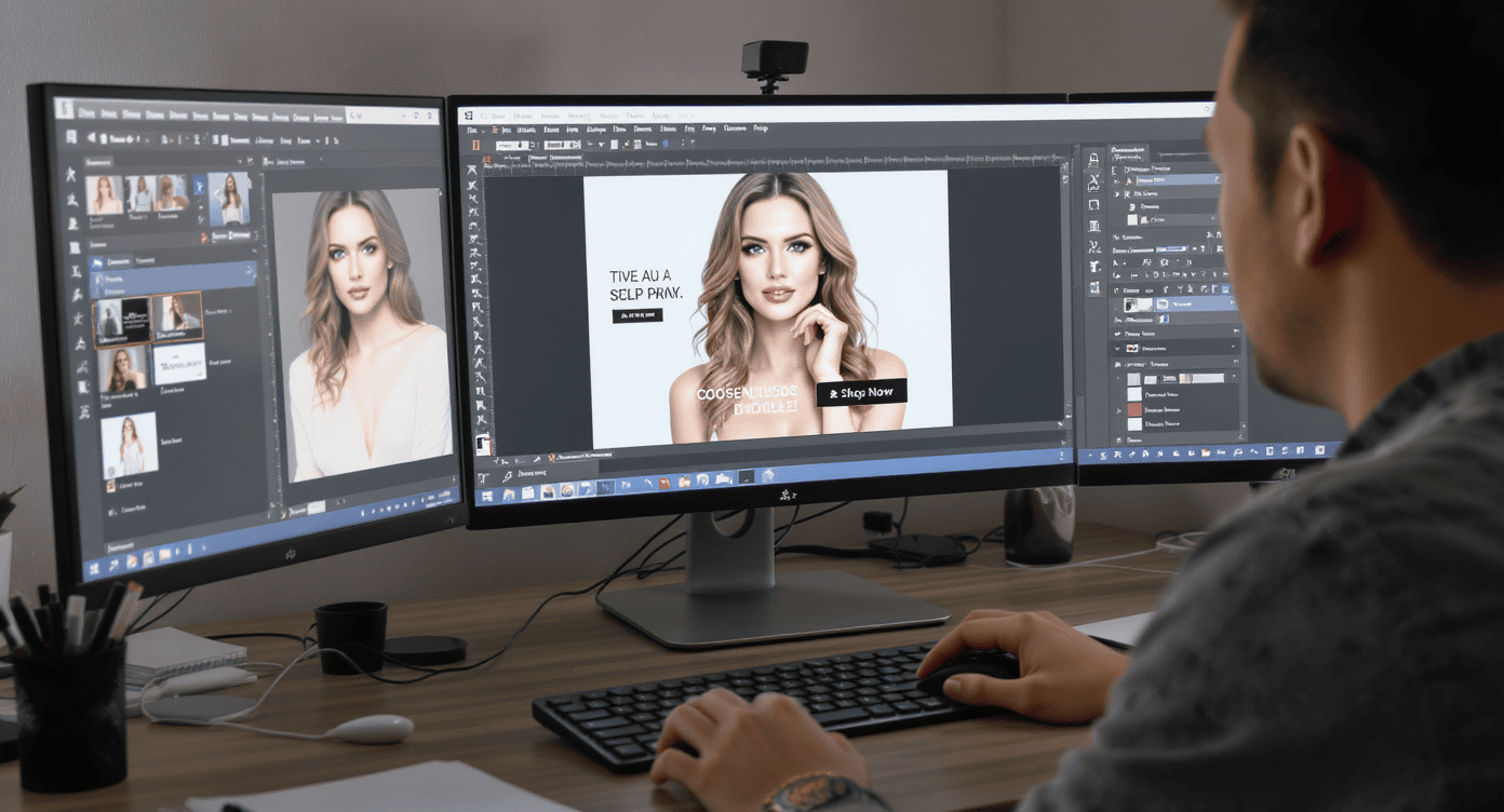 Designer gráfico criando anúncio visual de produto de beleza em dois monitores