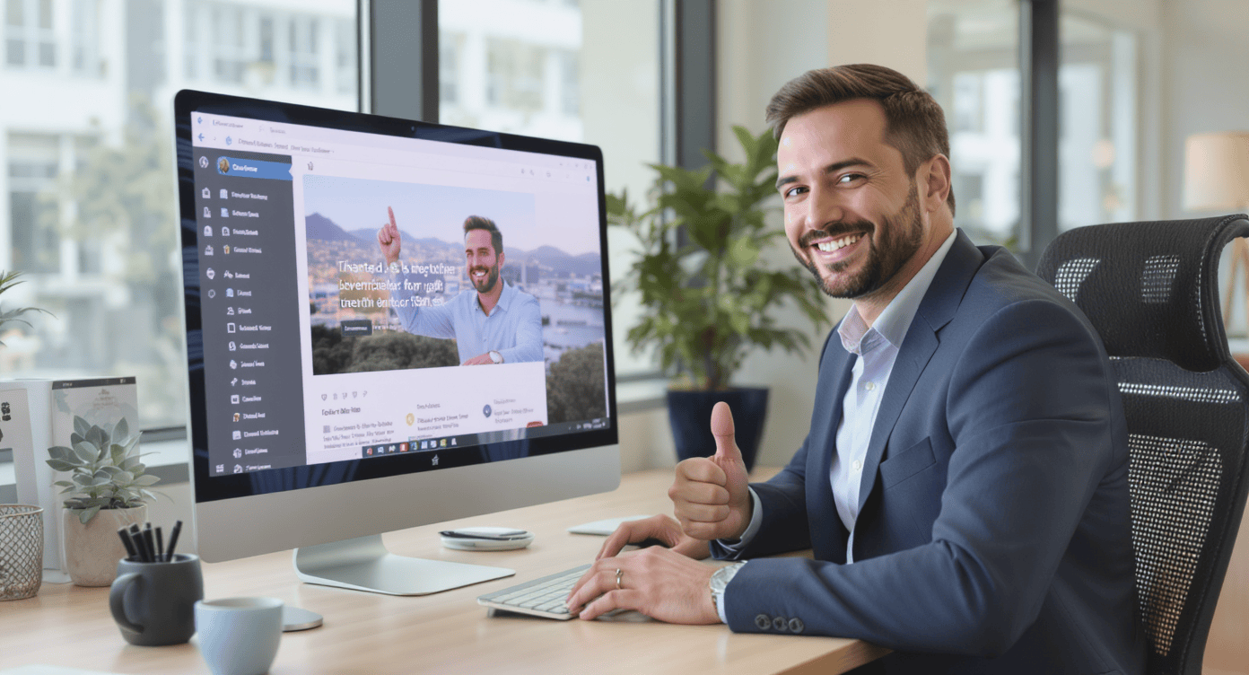 Profissional de marketing sorrindo enquanto publica campanha criativa nas redes sociais