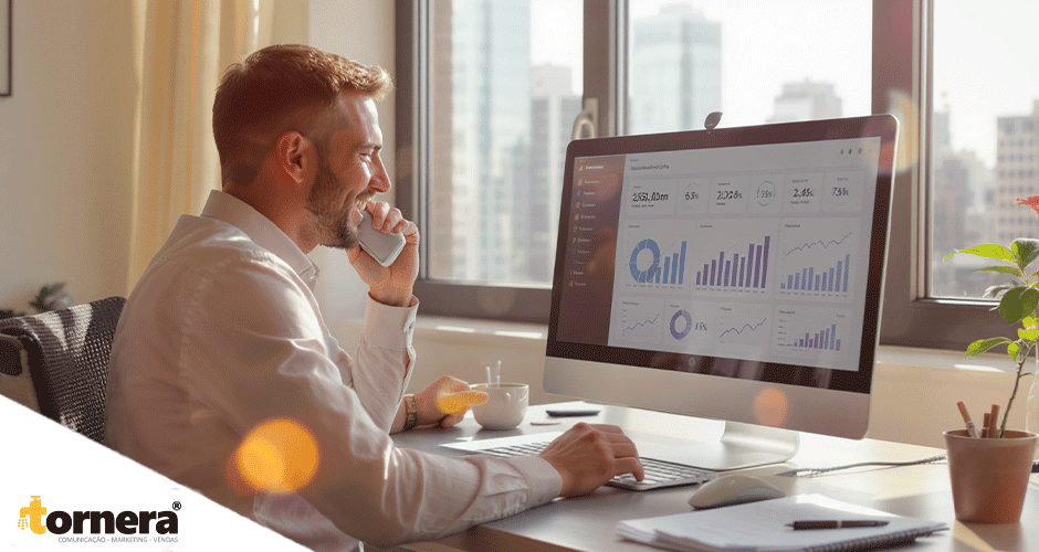 Empreendedor analisando resultados de campanhas publicitárias em dashboard digital