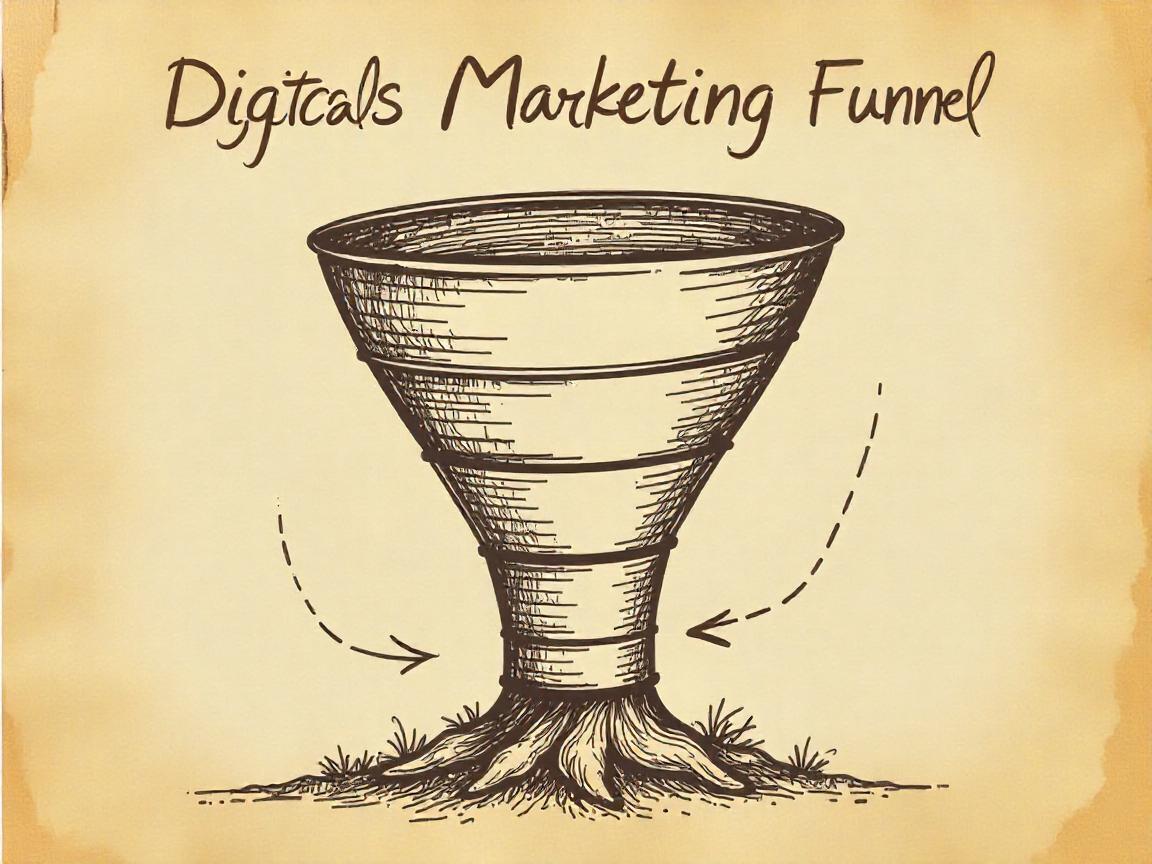 Ilustração vintage de um funil de marketing digital com raízes no papel