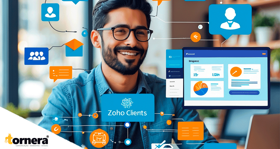 Especialista em CRM interagindo com ícones de automação e tela do Zoho Clients