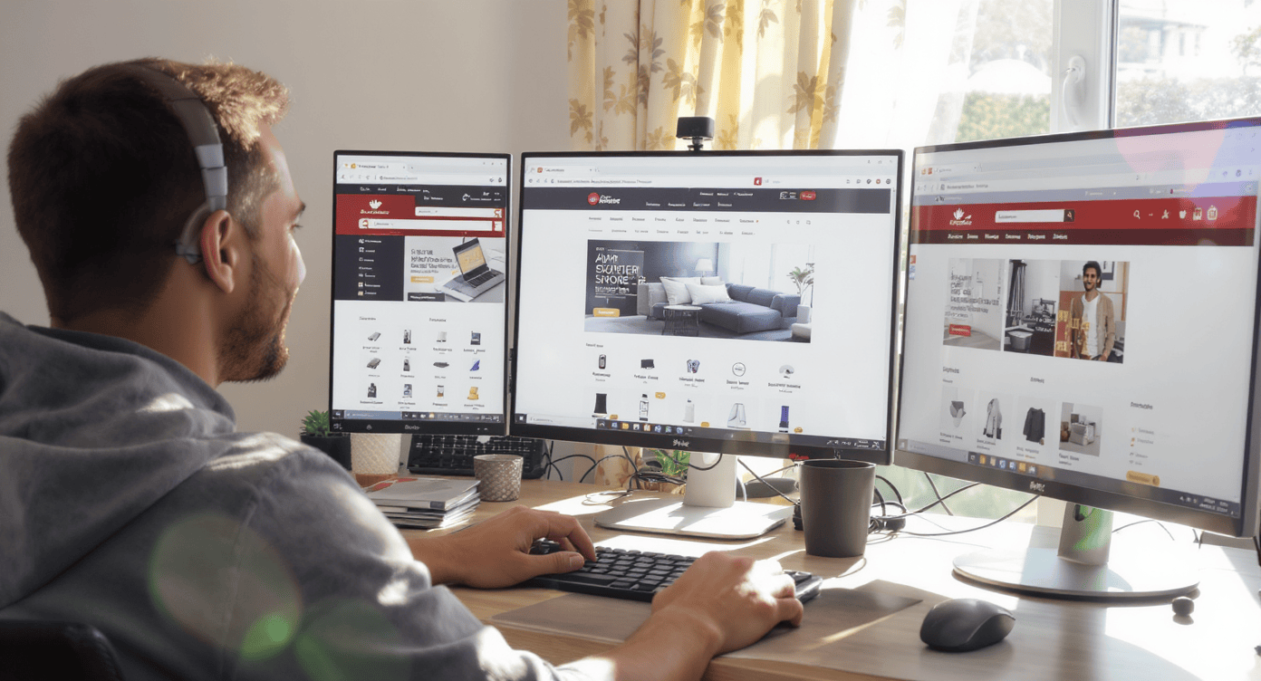 Empreendedor feliz gerenciando loja virtual em três monitores no home office