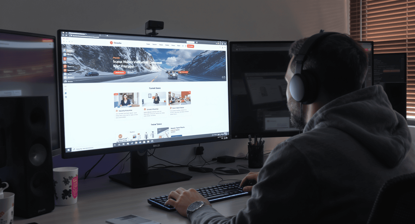 Homem com fone de ouvido acessando site institucional em computador com dois monitores