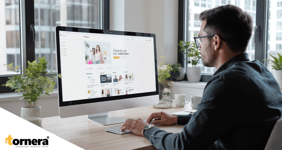Profissional em escritório claro navegando por site corporativo em tela grande