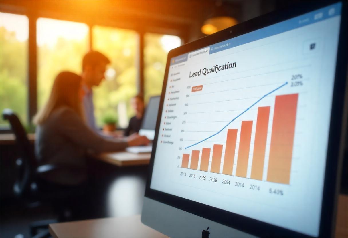 Tela de computador exibindo gráfico de qualificação de leads, com equipe ao fundo em reunião
