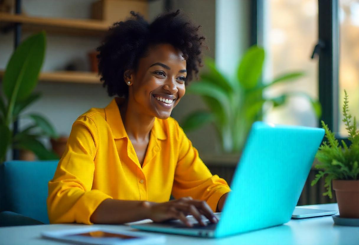 Profissional sorrindo enquanto trabalha no computador, criando fluxos de automação