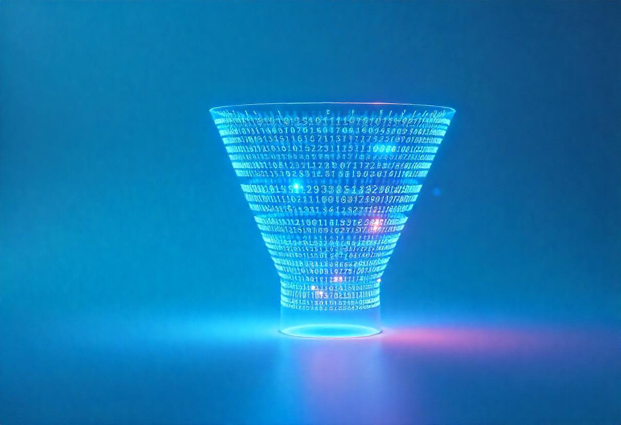 Funil holográfico com números binários em ambiente azul iluminado, simbolizando automação de dados