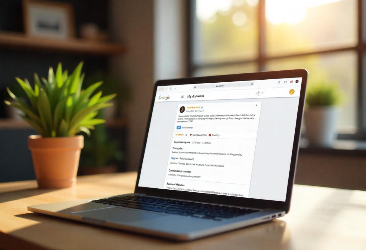Tela de notebook exibindo página do Google Meu Negócio com avaliações e informações