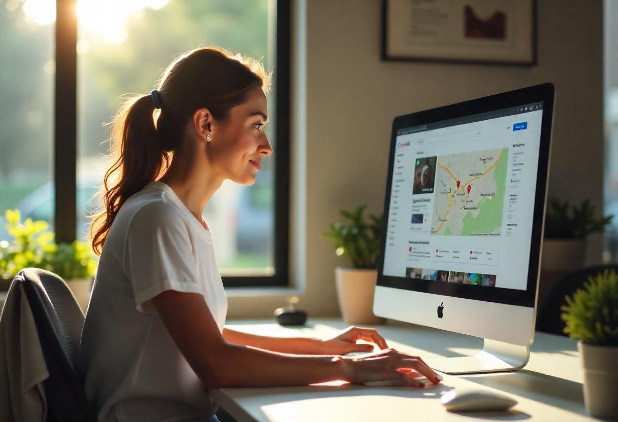 Mulher sorridente usando computador para gerenciar perfil no Google Meu Negócio