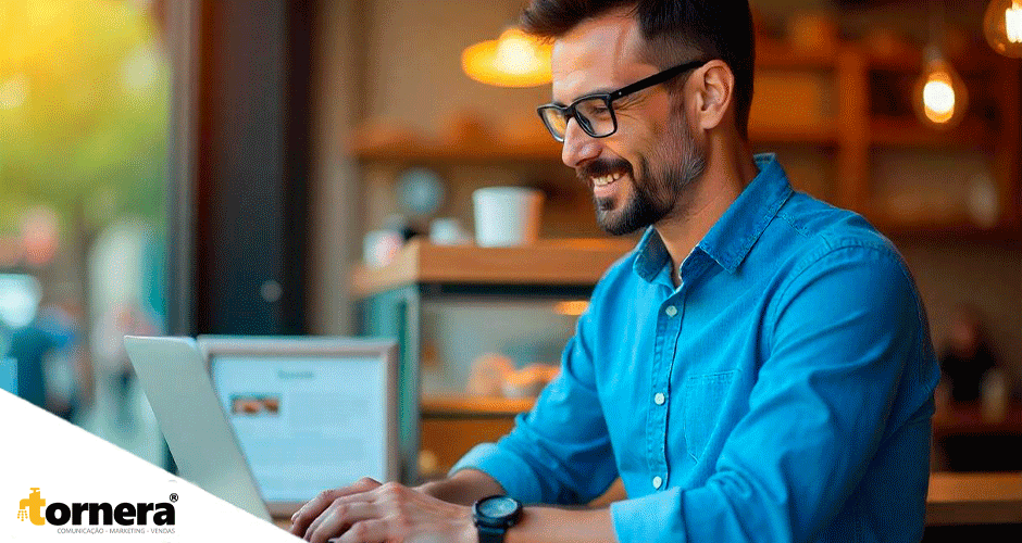 Homem digitando em notebook enquanto gerencia marketing digital