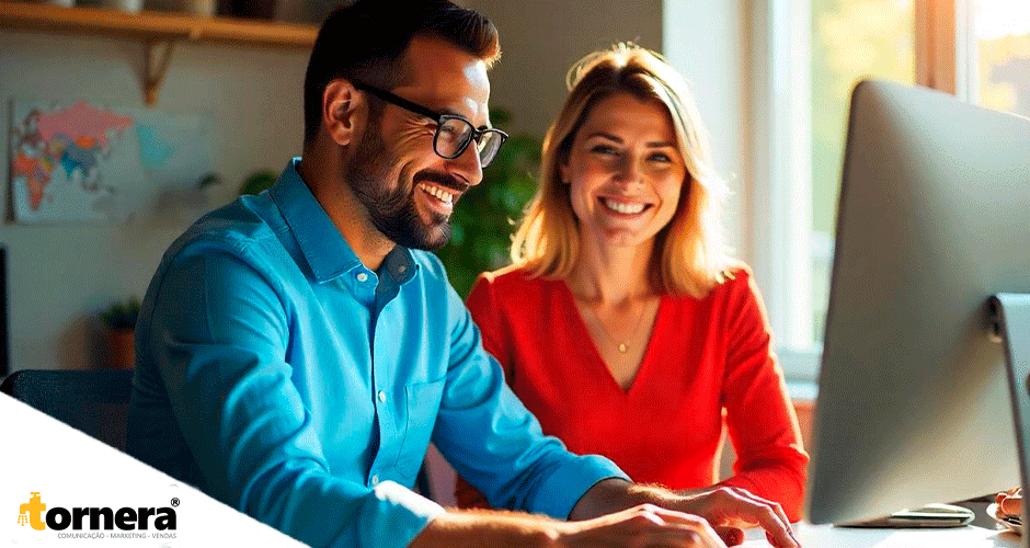Dupla de profissionais sorrindo enquanto desenvolvem uma landing page no computador