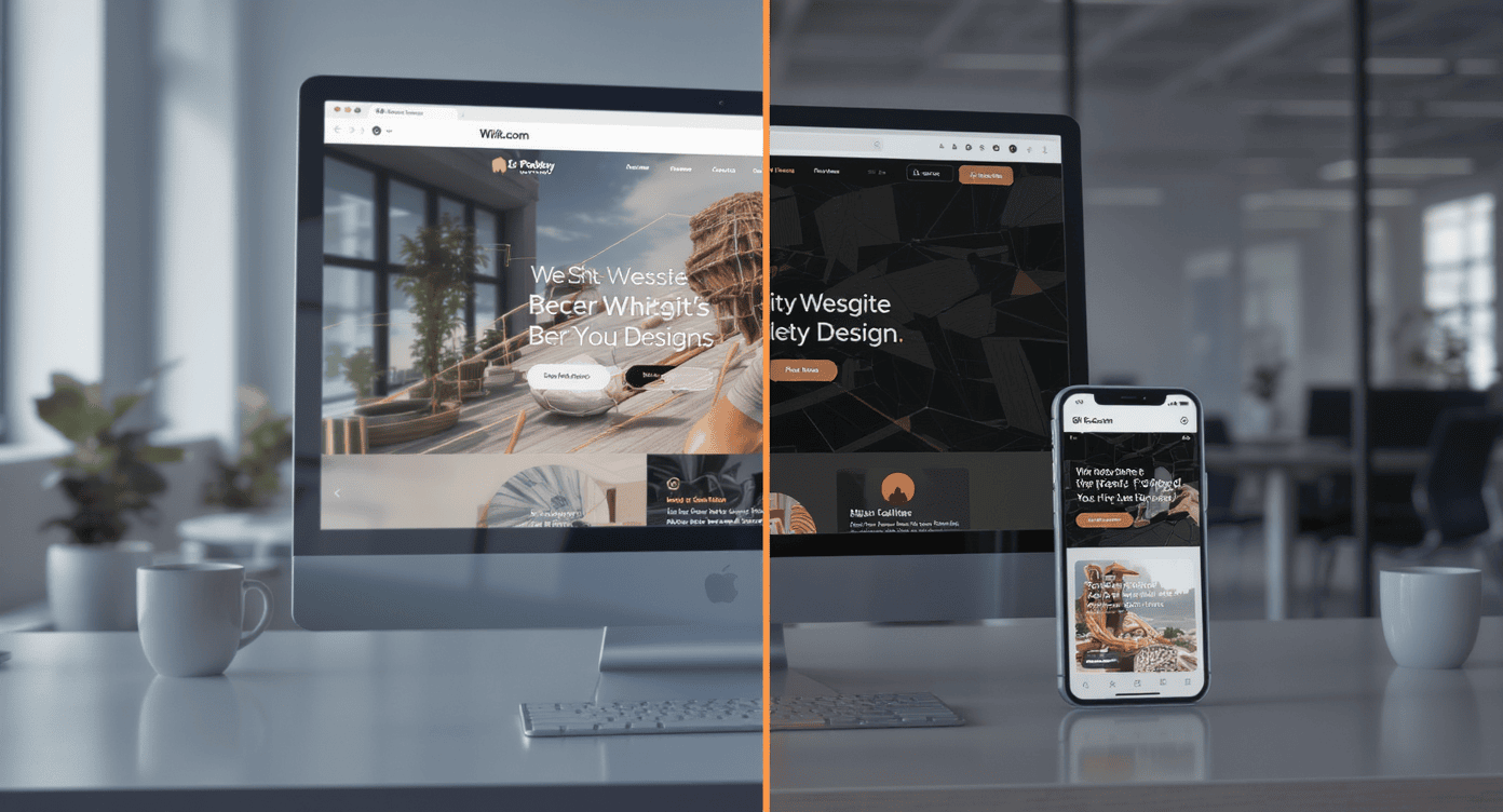 Comparação lado a lado de site no modo claro e escuro em tela de desktop, com versão mobile exibida ao lado.