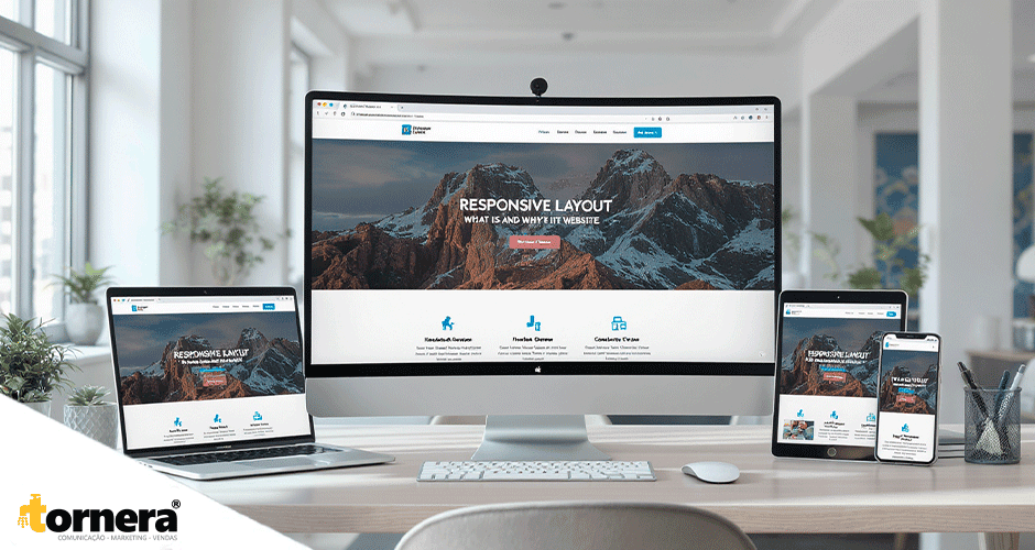 Site responsivo exibido em notebook, desktop, tablet e celular com fundo de montanhas e ícones informativos
