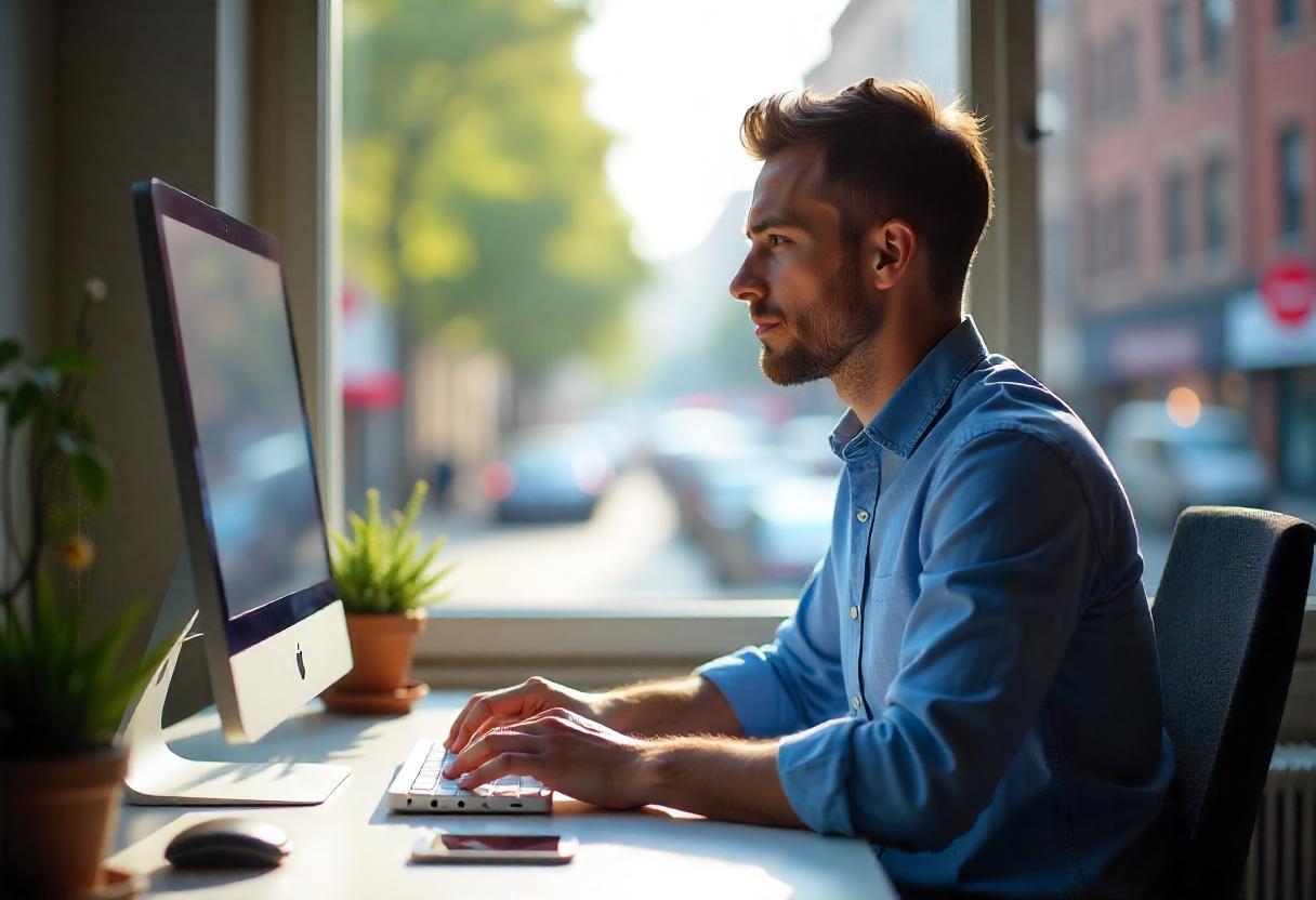 Homem digitando em desktop com foco em estratégias digitais de marketing à luz natural da janela