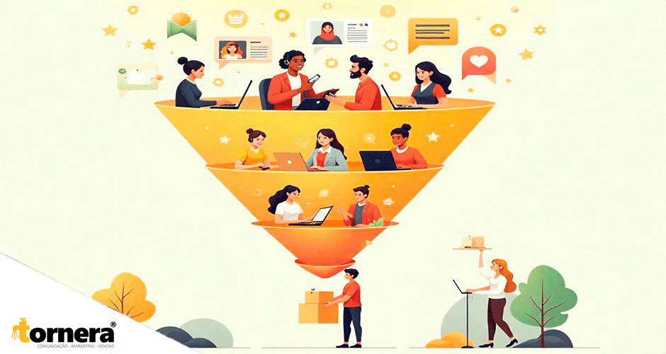Ilustração de funil de vendas com profissionais interagindo em diferentes etapas do processo comercial