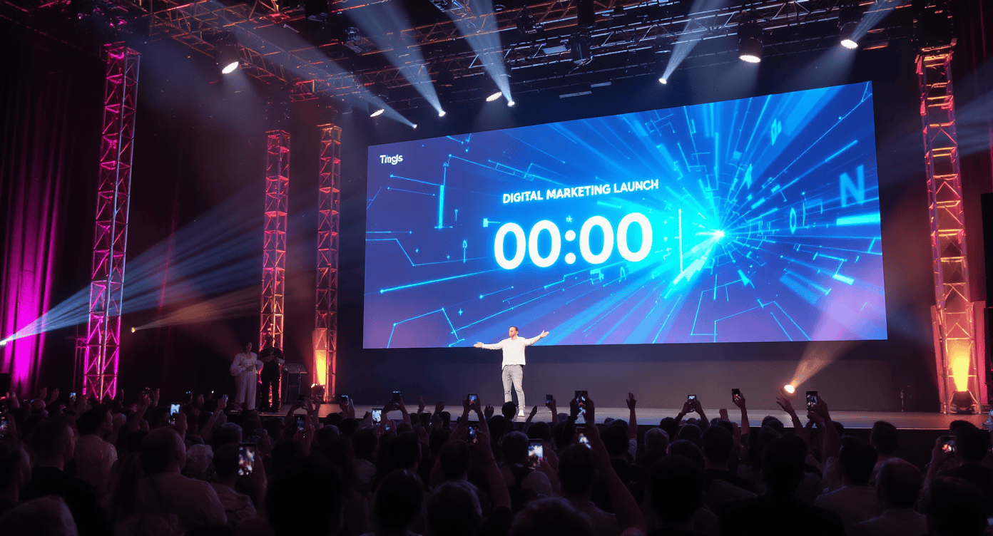 Apresentador em palco diante de um telão com contagem regressiva para lançamento de campanha de marketing digital