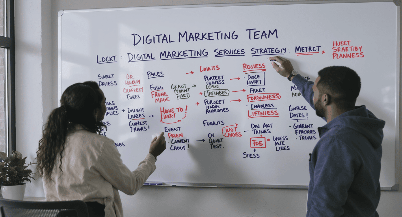 Equipe de marketing planejando estratégia digital em frente a um quadro branco com anotações confusas