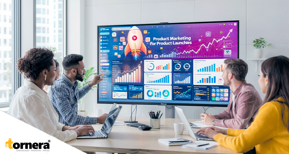 Profissionais analisando dashboard de lançamento de produto com gráficos em uma tela grande