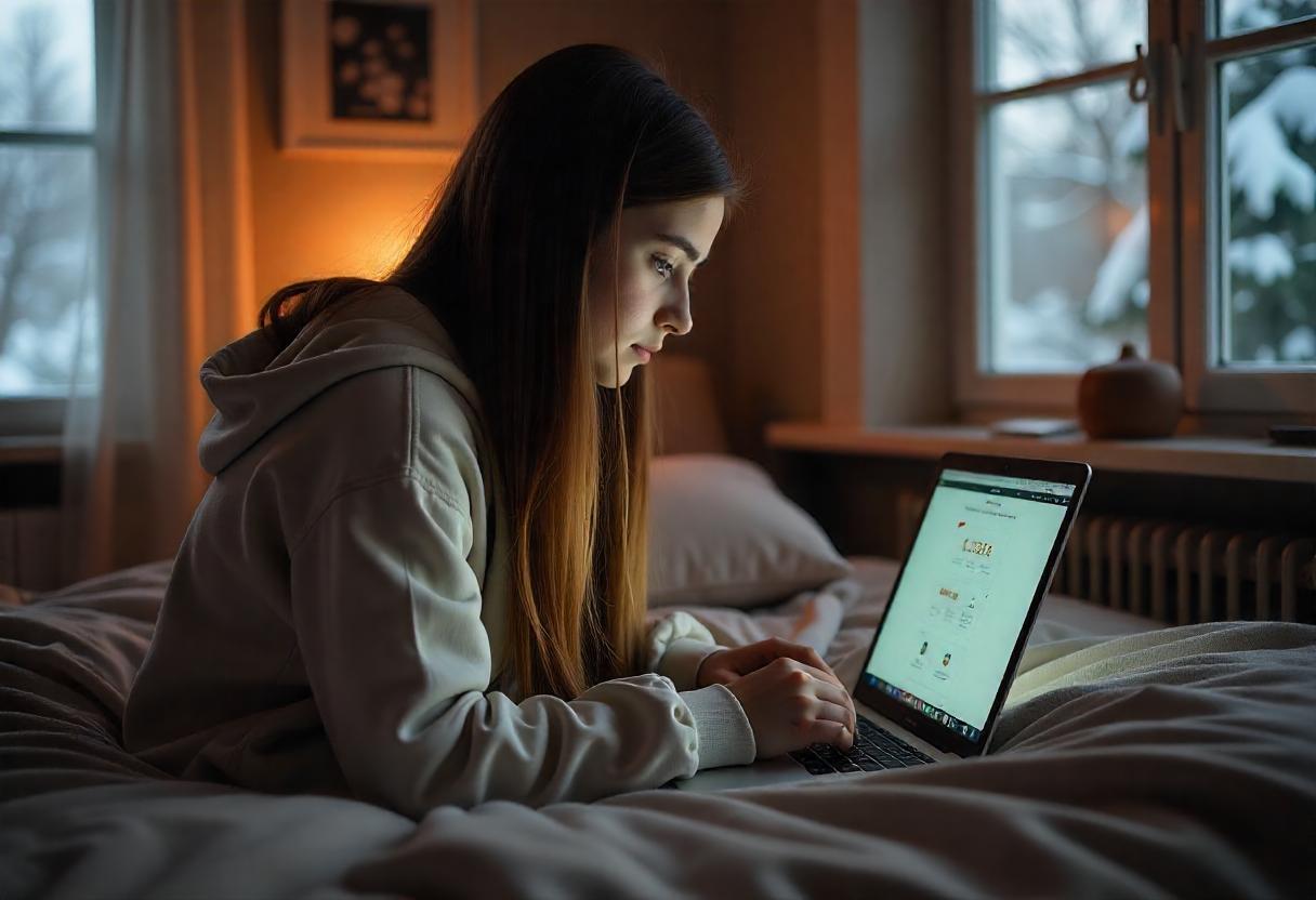 Jovem navegando em página de vendas pelo notebook em ambiente aconchegante