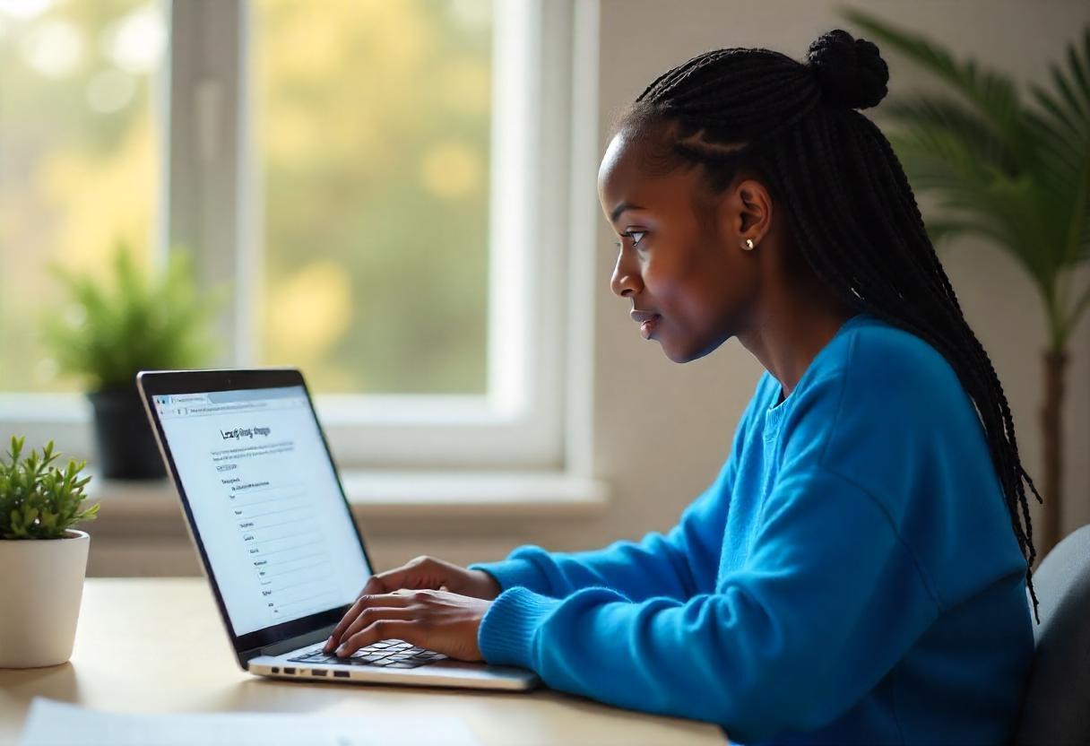 Jovem preenchendo formulário online em notebook em ambiente iluminado naturalmente