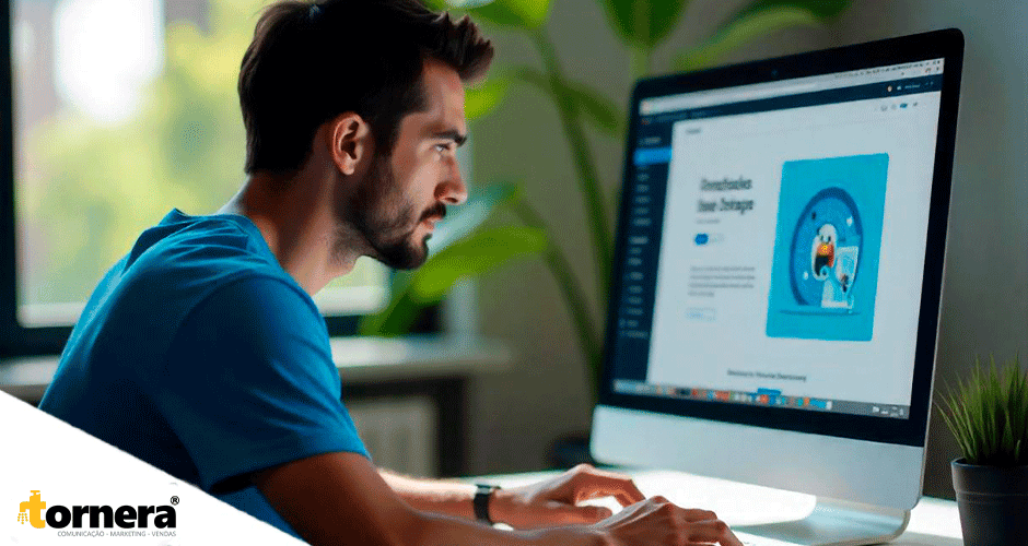 Designer analisando layout de landing page em tela de computador