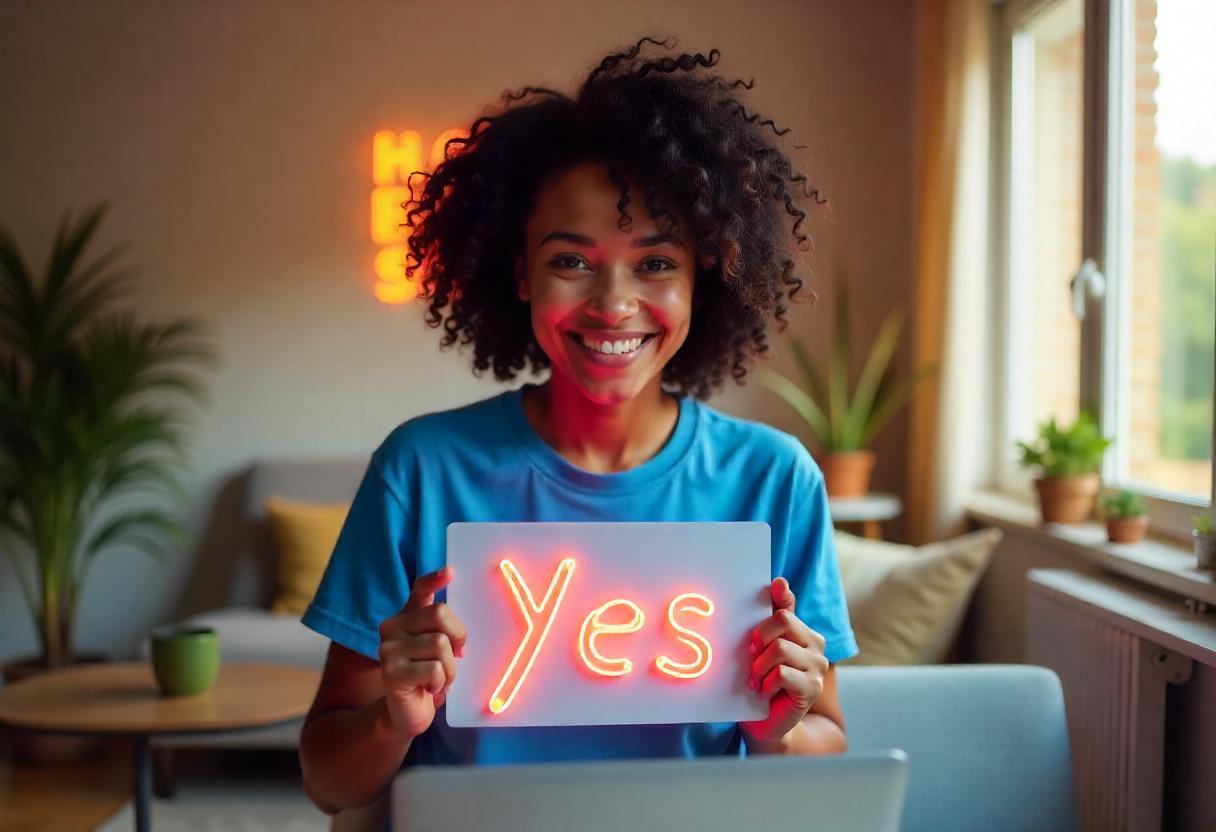 Mulher segurando placa com a palavra 'Yes' iluminada, sorrindo em ambiente descontraído