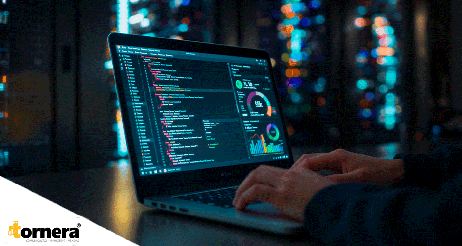 Mãos digitando em notebook com códigos e gráficos na tela