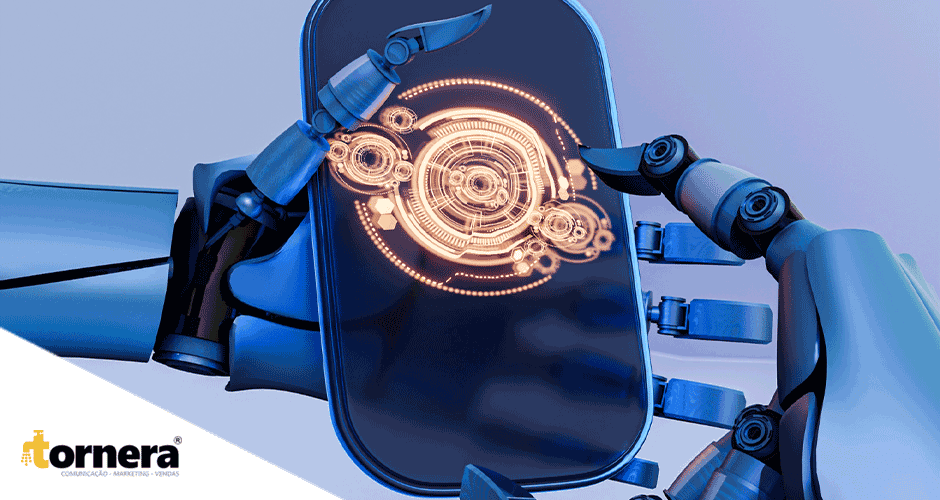 Uma mão robótica segurando um telefone celular com um design futurista